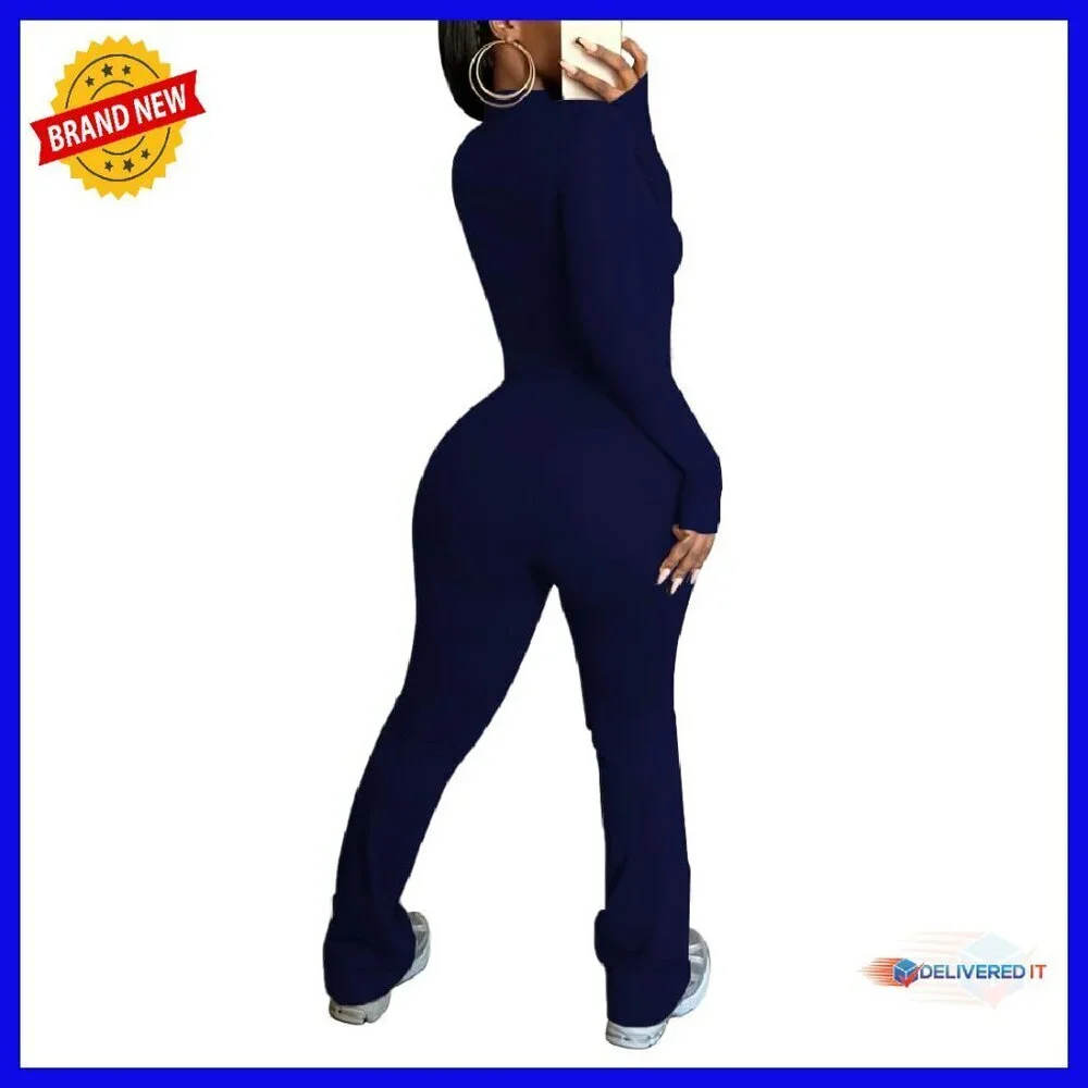 Long Sleeve Zip Crop Top & Flare Pants Workout Set Polyester Spandex